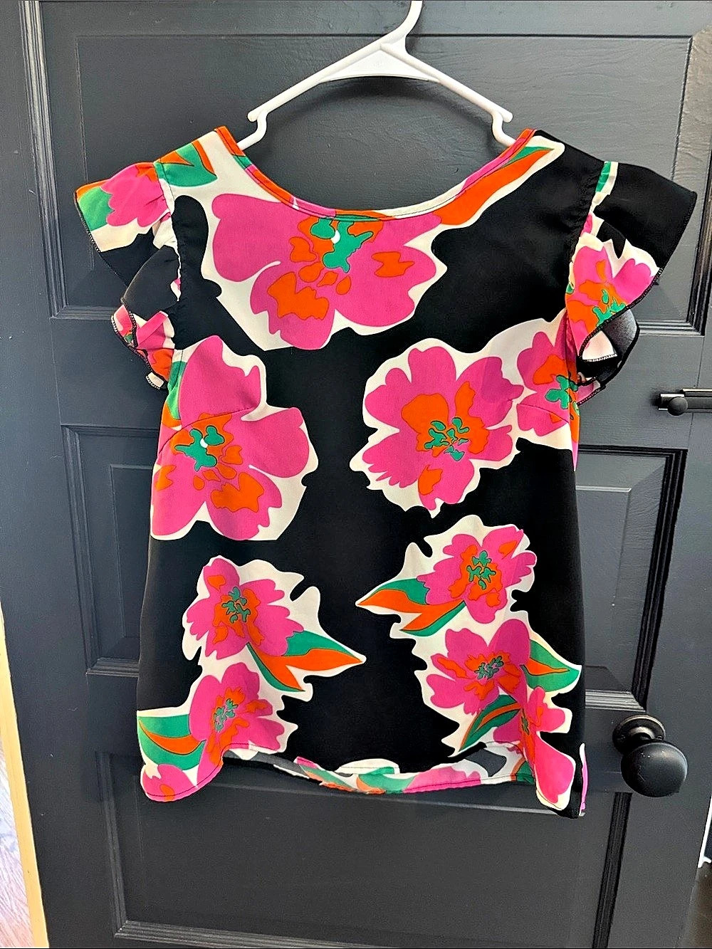 SHEIN Floral Short Sleeve Blouse in Black & Pink Size Medium